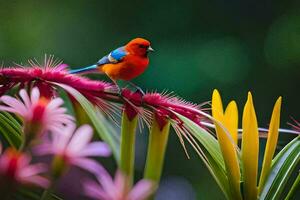 un vistoso pájaro se sienta en un planta con rosado flores generado por ai foto