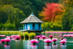 beautiful water lily pond with a house in the middle. AI-Generated photo