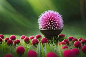 un pequeño rosado flor en un florero rodeado por rojo bayas. generado por ai foto