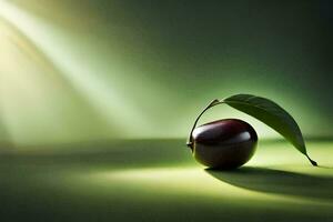 a cherry on a green background with a green leaf. AI-Generated photo