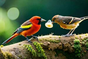 dos aves son en pie en un rama con un pedazo de alimento. generado por ai foto