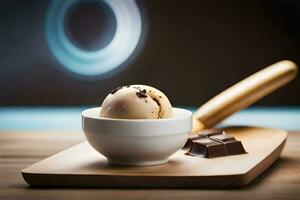 a bowl of ice cream with chocolate pieces on a wooden cutting board. AI-Generated photo