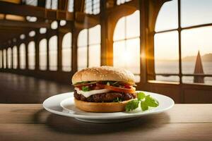 a hamburger on a plate with a view of the city. AI-Generated photo