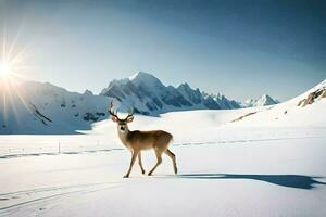 a deer stands in the snow in front of mountains. AI-Generated photo