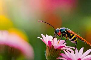 un avispa es sentado en un rosado flor. generado por ai foto