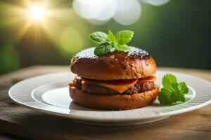 a hamburger on a plate with a leaf on top. AI-Generated photo