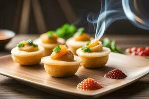 small pastry cups with food on top of a wooden table. AI-Generated photo