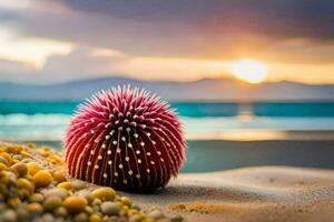 un rojo espinoso pelota en el playa a puesta de sol. generado por ai foto