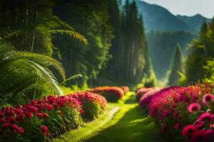 a path through a field of pink flowers. AI-Generated photo