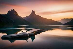 a bird sits on a rock in the middle of a lake. AI-Generated photo