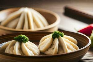 two dumplings in a bowl with chopsticks. AI-Generated photo