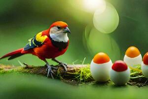 un pájaro es sentado en parte superior de huevos. generado por ai foto