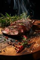 A Captivating Shot Slow Motion Seasoning Falling onto Grilled Beef Placed on a Wooden Board photo