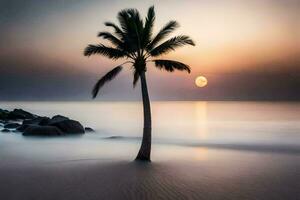 a palm tree stands alone on the beach at sunset. AI-Generated photo