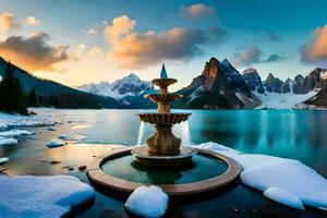 a fountain in the snow with mountains in the background. AI-Generated photo