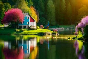 colorful flowers and a house on a lake. AI-Generated photo