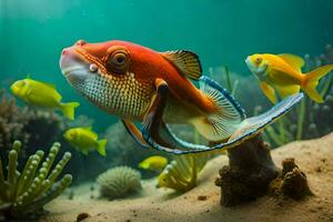 un pescado nadando en el Oceano con otro pez. generado por ai foto