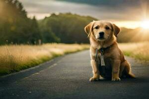 a golden retriever sitting on the road at sunset. AI-Generated photo