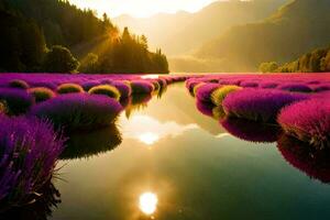 a field of lavender flowers is reflected in the water. AI-Generated photo