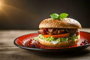 a hamburger with tomatoes and lettuce on a plate. AI-Generated photo