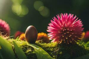 a brown egg sitting on top of a flower. AI-Generated photo