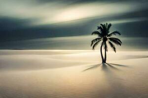 a lone palm tree stands in the middle of a sand dune. AI-Generated photo