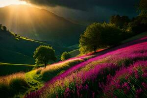 the sun shines through the clouds over a field of purple flowers. AI-Generated photo