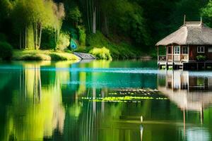 a small hut sits on the edge of a lake. AI-Generated photo