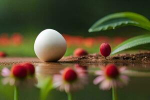 un huevo es sentado en el suelo siguiente a algunos flores generado por ai foto