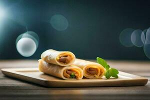 Tres rollos de comida en un de madera lámina. generado por ai foto