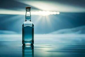 a bottle of water sitting on the water with the sun shining through. AI-Generated photo