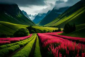 un hermosa paisaje con rosado flores y verde montañas. generado por ai foto