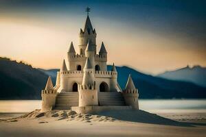 un castillo hecho fuera de arena en el playa. generado por ai foto