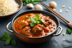 chicken curry in a bowl with noodles and spices. AI-Generated photo