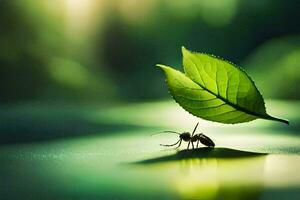 a small ant is standing on a leaf. AI-Generated photo