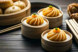 chinese food in bamboo containers on a wooden table. AI-Generated photo