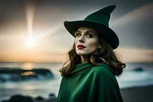 a woman in a green hat and cape standing by the ocean. AI-Generated photo