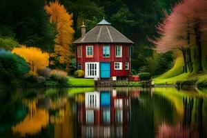 a house with a red roof and a pond in the background. AI-Generated photo