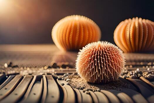 Tres puntiagudo pelotas sentado en parte superior de un de madera mesa. generado por ai foto