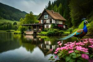 the peacock is standing on the lake in front of a house. AI-Generated photo