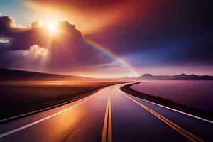 un arco iris es visto terminado el la carretera en el distancia. generado por ai foto