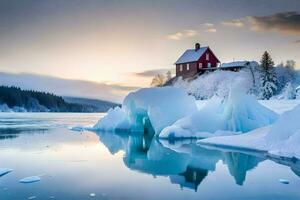 a red house sits on the shore of a frozen lake. AI-Generated photo