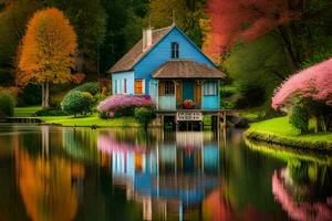 a blue house sits on the edge of a lake. AI-Generated photo