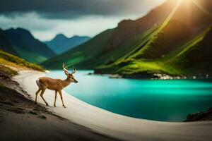 a deer stands on the edge of a lake in the mountains. AI-Generated photo