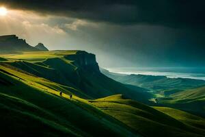 the sun shines over green hills and grassy fields. AI-Generated photo