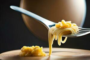 un tenedor es participación un pedazo de pasta. generado por ai foto