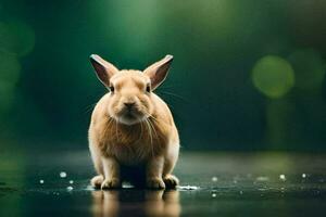 un pequeño Conejo es en pie en un mojado superficie. generado por ai foto