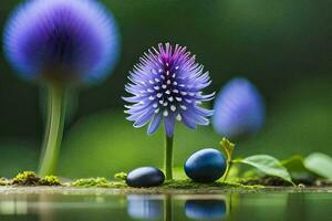 un azul flor y dos huevos en el agua. generado por ai foto