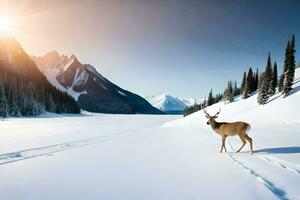 a deer stands in the snow in front of a mountain. AI-Generated photo