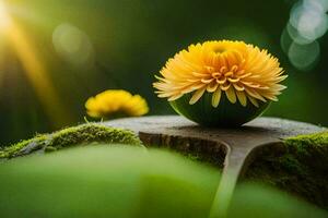 a single yellow flower sits on top of a mossy log. AI-Generated photo